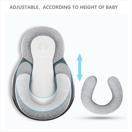 Adjustable baby seat cushion with a diagram showing its height adjustment feature.